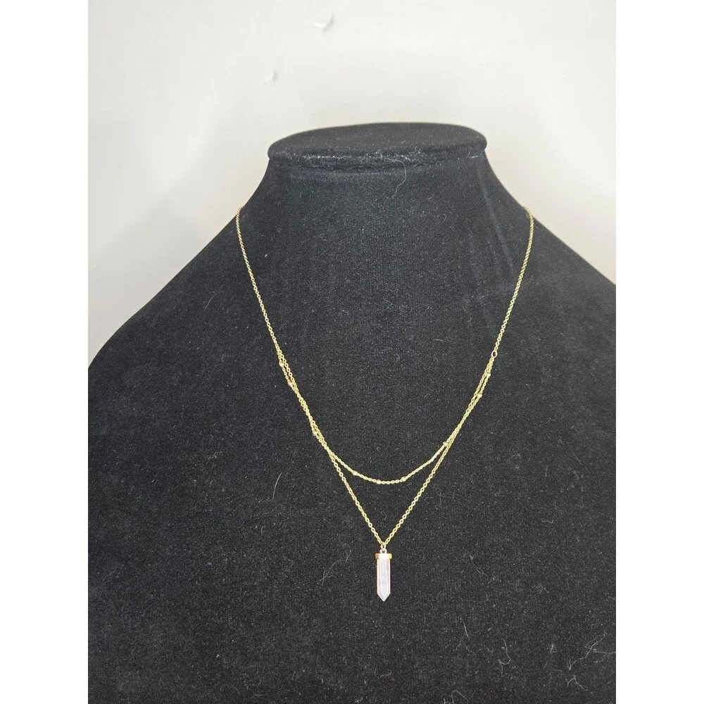 Gold Tone Layered Necklace with Rose Quartz Pendant